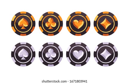 Set of gold and silver poker chips. Casino flat illustration