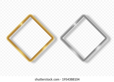 Set of gold and silver rhombus frame on transparent background with shadow. Golden and silver 3d realistic geometric rectangle border with glow shine and light effect. Vector illustration.