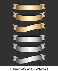 Set of gold and silver ribbon banners. Vector illustration.