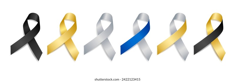 Set of gold and silver ribbons awareness Brain Disabilities, Parkinson’s Disease, Childhood Cancer, Neuroblastoma, Retinoblastoma. Isolated on white background. Vector illustration.