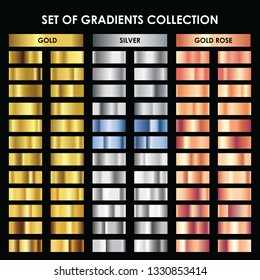 Set of gold, silver, gold rose palette. Collection colorful gradient illustrations for backgrounds, cover, frame, ribbon, banner, label, flyer, poster.