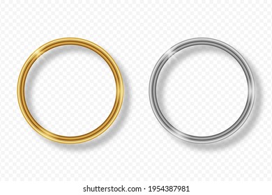 Set Of Gold And Silver Round Frame On Transparent Background With Shadow. Golden And Silver 3d Realistic Geometric Circle Border With Glow Shine And Light Effect. Vector Illustration.