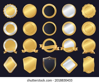 Set of gold and silver seals, different shapes. Quality mark, medal. Vector illustration