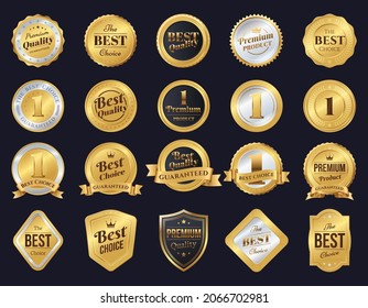 Set Of Gold And Silver Seals, Different Shapes. Quality Mark, Medal. Vector Illustration