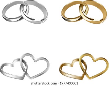 set of gold and silver wedding rings. heart and round shaped rings. interlocking rings