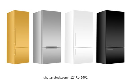 Set gold, silver, white, black refrigerator with freezer on white background. Modern 3d fridge with door. Home kitchen electrical appliance. 