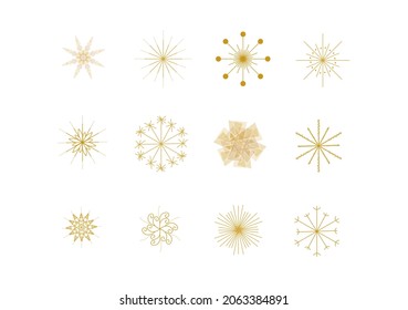 conjunto de copos de nieve dorados de diferentes formas sobre fondo blanco	