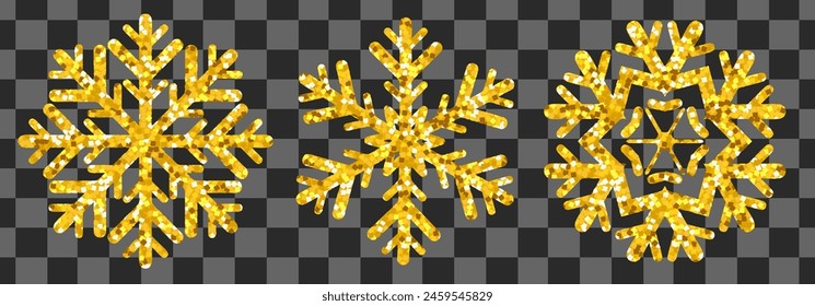 Set of gold snowflakes isolated on transparent background. Vector illustration.