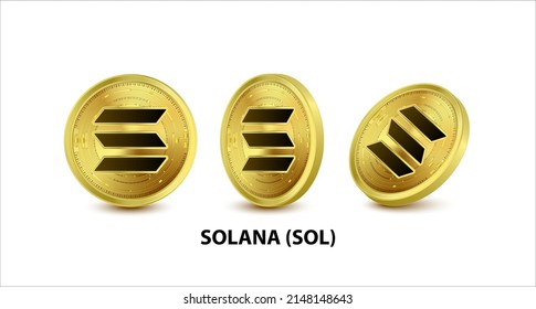 Set of Gold Solana (SOL) Vector illustration. Digital currency. Cryptocurrency. Golden coins with bitcoin, ripple and ethereum symbol isolated on white background. 3D isometric Physical coins.