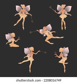 Set of Gold sparkling fairy silhouettes. Illustrations of ballet dancing fairies in the cartoon style isolated on a dark background. Vector 10 EPS.