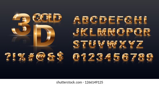 A set of the gold sparkling letters, figures and symbols.3D the alphabet. Elements for design, festive jewelry. Vector illustration.