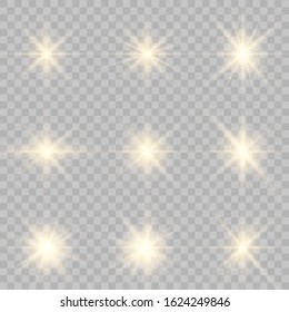 Set Of Gold Sparks Isolated. Vector Glowing Stars. Lens Flares and Sparkles Template For Your Design