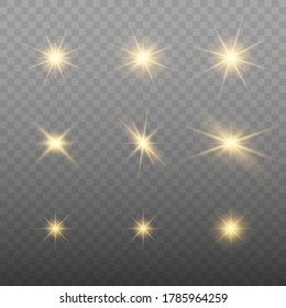 El Juego De Oro Está Aislado. Estrellas brillantes de vectores. Plantilla de barras de lente y parkles para su diseño