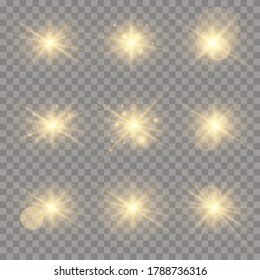 El Juego De Oro Está Aislado. Estrellas brillantes de vectores. Plantilla de barras de lente y parkles para su diseño