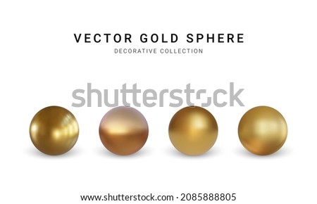 Set of gold sphere with shadow isolated on white background. Collection of oil bubble. Golden glossy 3d ball or precious pearl. Vector illustration