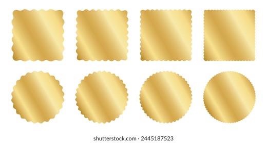 Set of gold square and circle stickers with wavy borders. Wiggly round and squared shining labels, badges, price tags, stamps, sale offers isolated on white background. Vector illustration