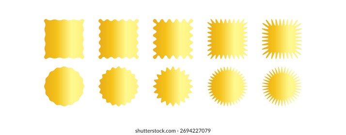 Set of gold square and circle stickers with wavy borders. Wiggly round and squared shining labels, badges, price tags, stamps, sale offers isolated on white background. Vector illustration