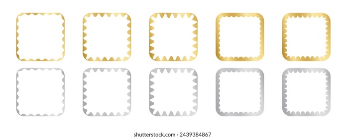 Set of gold square mirror, photo or picture frames with wiggly inner borders. Design elements with scalloped edges. Golden labels, stickers or tags isolated on white background. Vector illustration.