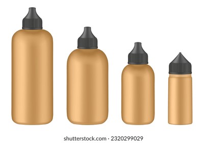 Set of gold squeeze bottles. Colorful hair dye, oxidant cream. E-juice vape liquid. Foundation container