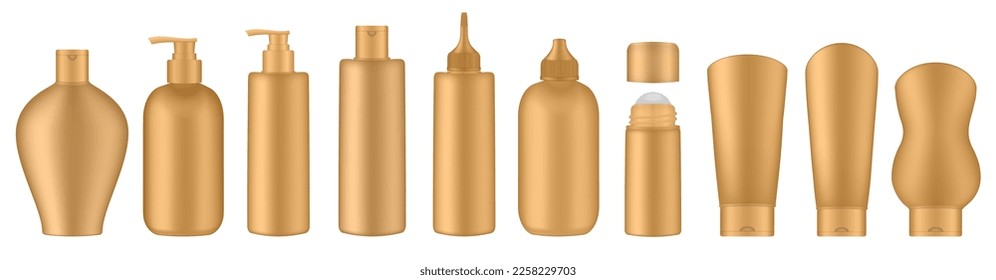 Set of gold squeeze bottles and cosmetic tubes. Korean packaging. Lotion or shower gel. Body antiperspirant deodorant roll-on