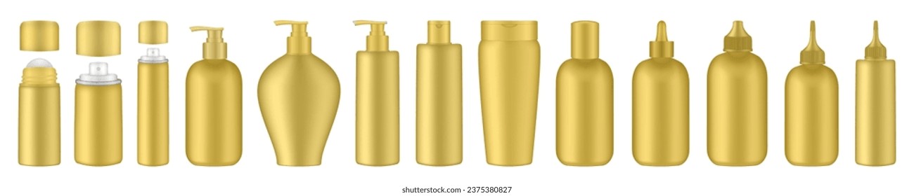 Conjunto de botellas de apretón de oro. Botellas con bomba, dispensador. Empaque coreano. Loción o gel de ducha. Ropa de desodorante. Spray de pelo, recipiente de aire fresco, burla de aerosol. Congelar botellas. Dropper