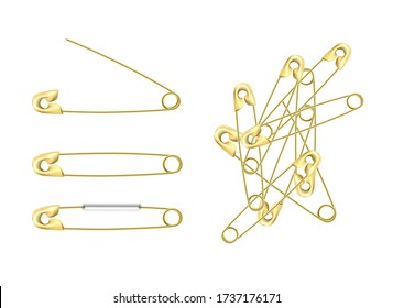 set of gold stainless steel safety  pins, accessory for sewing in different angles, sewing tool for fasten pieces of clothing together.