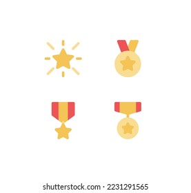 Set of gold star badge and medals with red ribbon icons, award, medal, ribbon and flat line variety vectors.