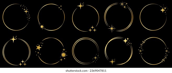 Set of gold star circle frames. Vector illustration isolated on black background