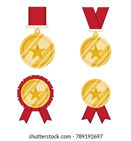 Set of gold star medals in flat with ribbon. Can be used celebration. Concept realistic collection. Vector illustration. EPS10.
