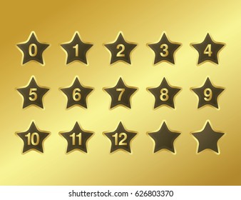 Set of gold star shape with numbers inside on gold background.