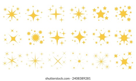 Conjunto de formas de estrellas de oro. Colección de iconos de chispa retro futurista. Conjunto de vectores de estilo Y2K. Plantillas para carteles, pancartas, pegatinas y tarjetas de visita