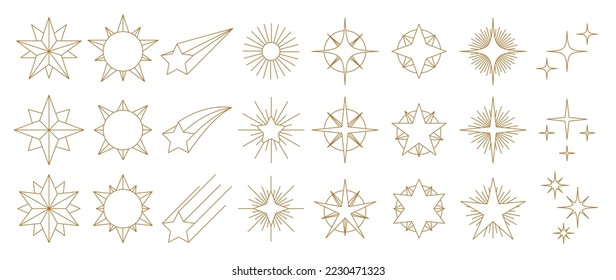 Set of gold star vector illustration. Luxury geometric gold line star and sparkle in different styles isolated on white background. Art design for sticker, decoration, festive party invitation.