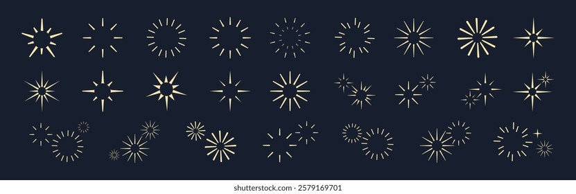 Set of gold starburst icons on a dark background. Starburst designs vary in size and shape. Elegant starburst icons for design projects. Isolated illustration elements, vector set.