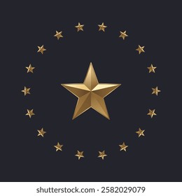 Set of gold stars in a circle with a big star in the middle Isolated on dark background Vector illustration of a circular frame with gold stars for badge, emblem and seal