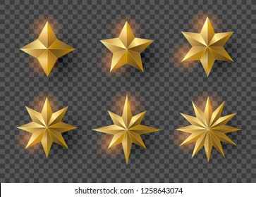 Set of gold stars with shadow on transparent background. New year and Christmas design elements, vector illustration.