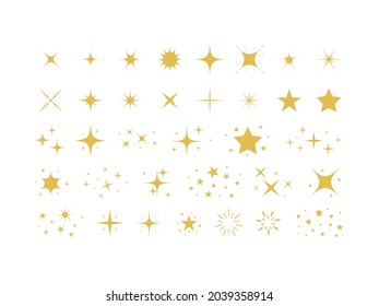 Set of gold stars and sparkles isolated on white background. Sparkles symbols. Sparks and stars Vector illustration