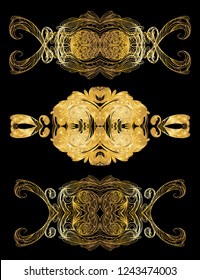 set of gold stickers, labels in classic baroque style, isolated on a black background, hand drawing, retro, vector eps 10