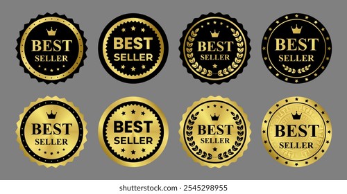 Set of gold stickers, template, label. Round shiny luxury premium vip metalic emblem Best Seller. Award, medal with crown, laurel branch, wreath. Isolated element on black background EPS10 Vector
