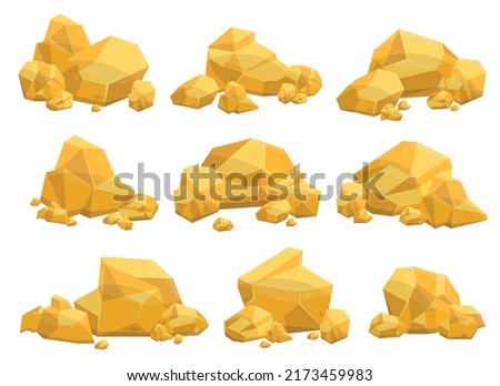 Set of gold stones and boulders in cartoon style. Gold nuggets. Gemstones. Gold mine elements