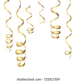 set of gold streamers isolated on white. serpentine party elements. golden curly ribbons, celebration decoration, 
