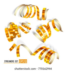 Set of gold streamers on white. Golden Curly ribbons, Celebration decoration, Serpentine party elements for your holiday design birthday, festive carnival or party greeting. Vector illustration EPS10.