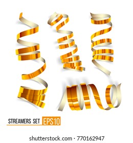 Set of gold streamers on white. Golden Curly ribbons, Celebration decoration, Serpentine party elements for your holiday design birthday, festive carnival or party greeting. Vector illustration EPS10.