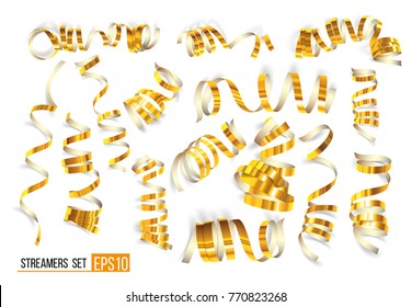 Set of gold streamers on white. Golden Curly ribbons, Celebration decoration, Serpentine party elements for your holiday design birthday, festive carnival or party greeting. Vector illustration EPS10.