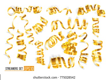 Set Of Gold Streamers On White. Golden Curly Ribbons, Celebration Decoration, Serpentine Party Elements For Your Holiday Design Birthday, Festive Carnival Or Party Greeting. Vector Illustration EPS10.