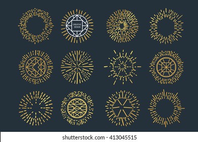 Set of gold sunburst. Hand drawn. Light ray. Design template  for icons, logos or graphic elements.