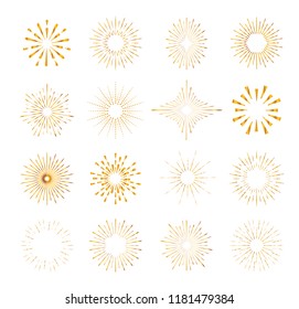 Set of gold sunburst rays retro design elements isolated on a white background. Vector illustration.