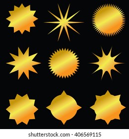 Set of gold sunburst shapes - shiny luxury stickers, badges, gold stars, gold medallion. Golden radial backgrounds collection. Golden vector emblems on black background.