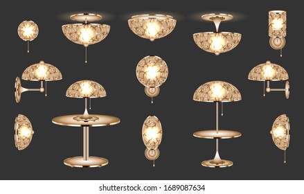 Lámparas de mesa doradas, lámparas interiores, luz nocturna, lámparas de araña de estilo antiguo. Elegante y elegante lámpara de araña vintage. Accesorio de decoración de diseño para casa. Ilustración del vector