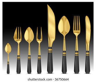 Set of gold table wares isolated on black background, vector illustration