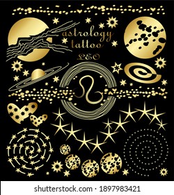 Set of gold tattoo on the theme of astrology. Astrology, esoteric, astronomy, celestial.